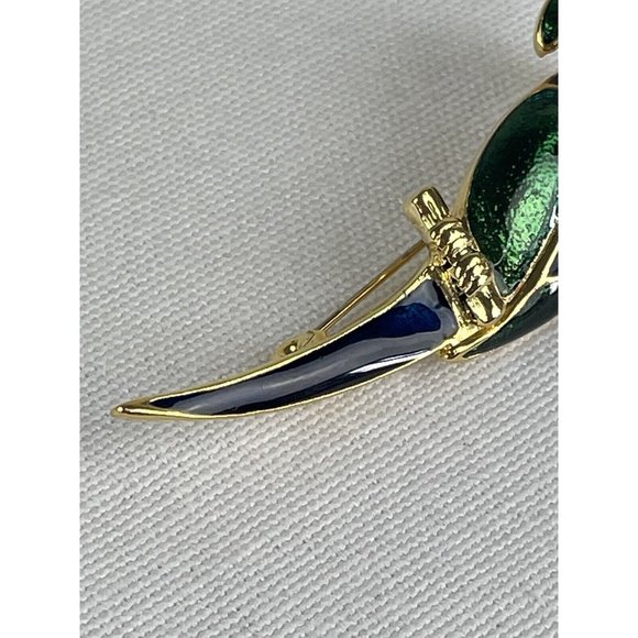 Vintage Tropical Parrot On Branch Brooch Jewel Green Blue Enamel Crystal Eyes - Picture 4 of 7
